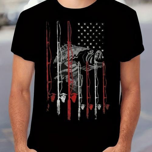 Retro Style Fishing Rod And Innovative American Flag Pattern Round Neck And Short Sleeved T-shirt